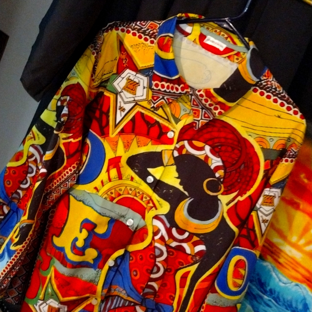 AMAZING  VINTAGE JAMMY JOB  BLOUSE... SILKY /POLY FEEL SZ 2 XL